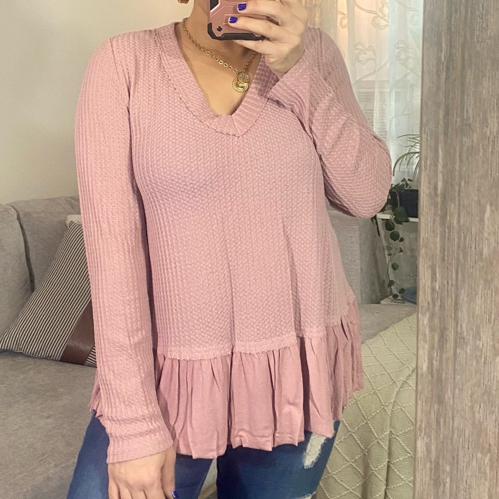 Powder rose blush PINK peplum long-sleeve top. NEW w/tags. PRETTY!🌸